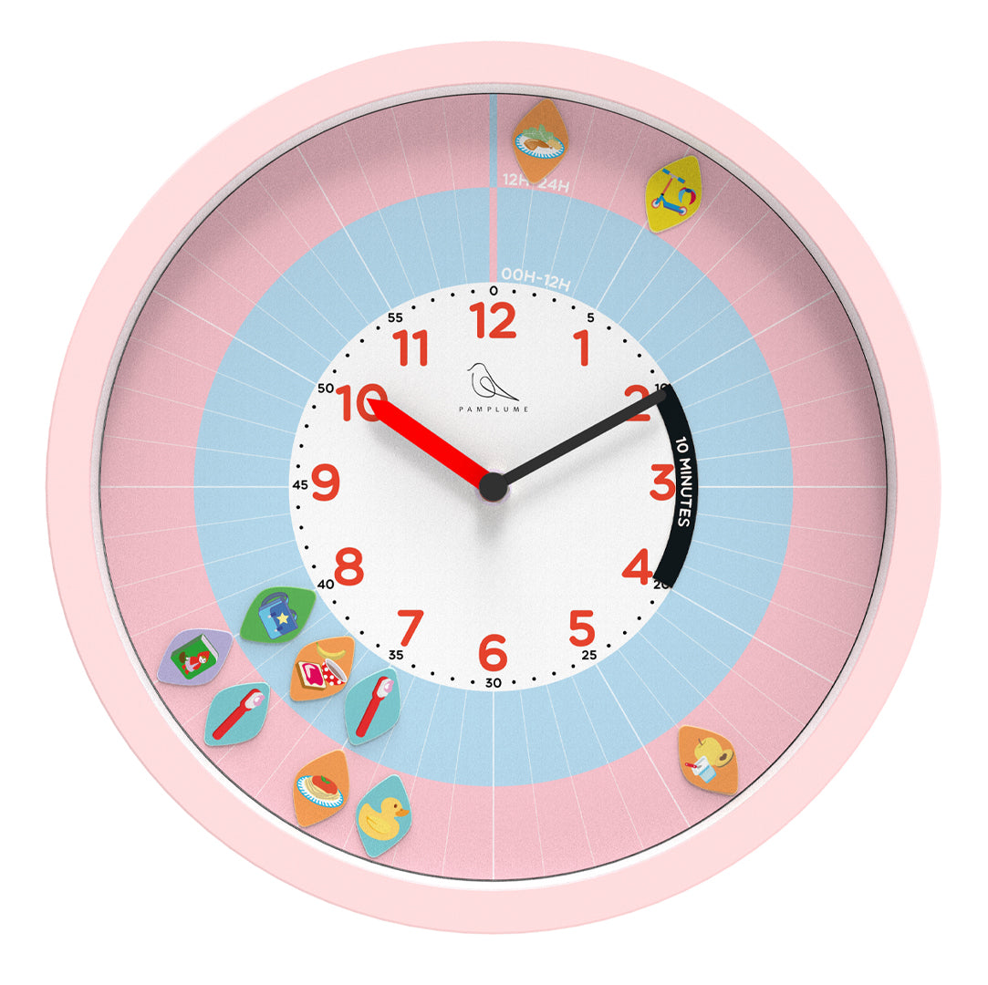 Horloge Pamplume rose avec magnets activités sur le cadran – horloge apprentissage du temps enfant